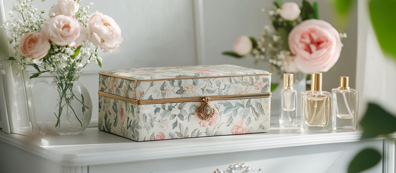 A white floral jewelry box, showcasing intricate flower patterns, resembling stackers jewelry box.